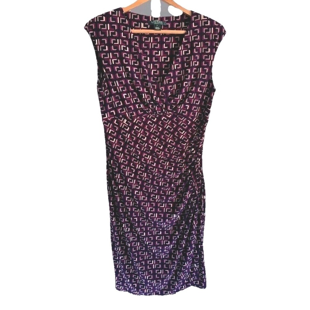 Lauren Ralph Lauren Sheath Dress Womens 12 Purple Geometric Ruched V-Neck